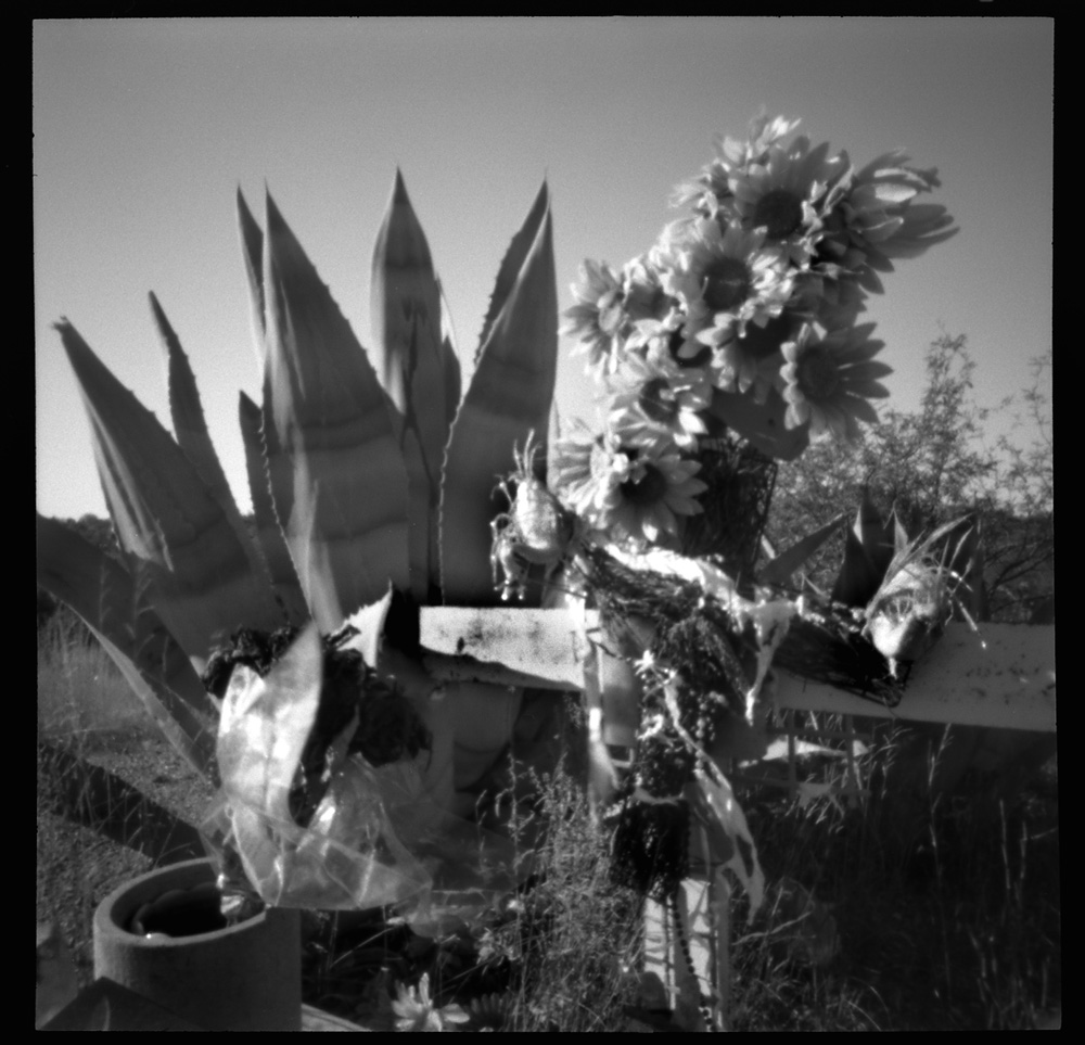 Cross Grave Marker with Plastic Flowers