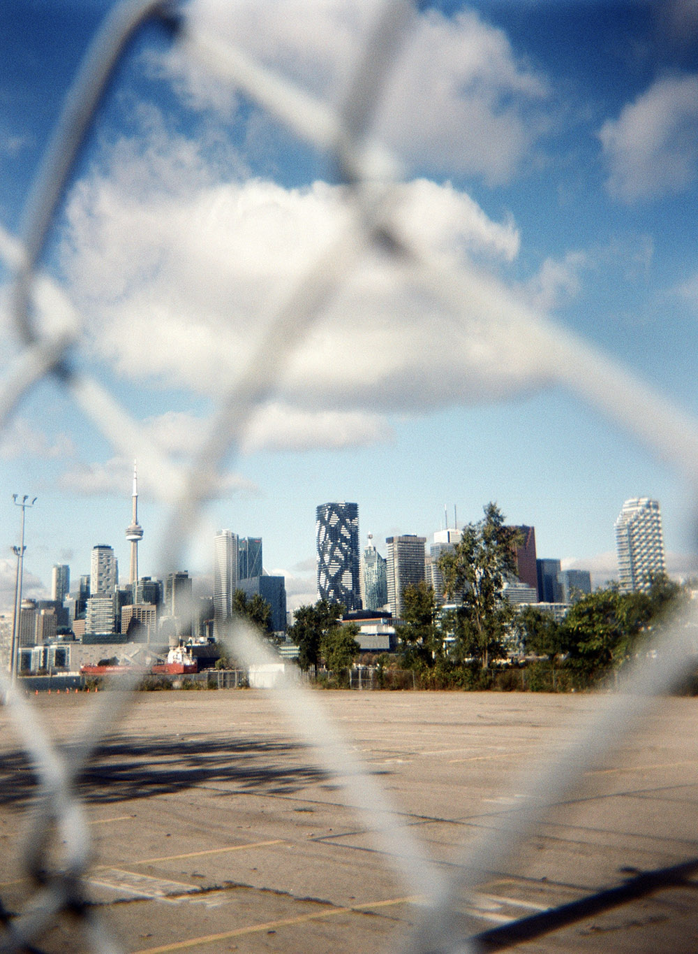 City behind fence